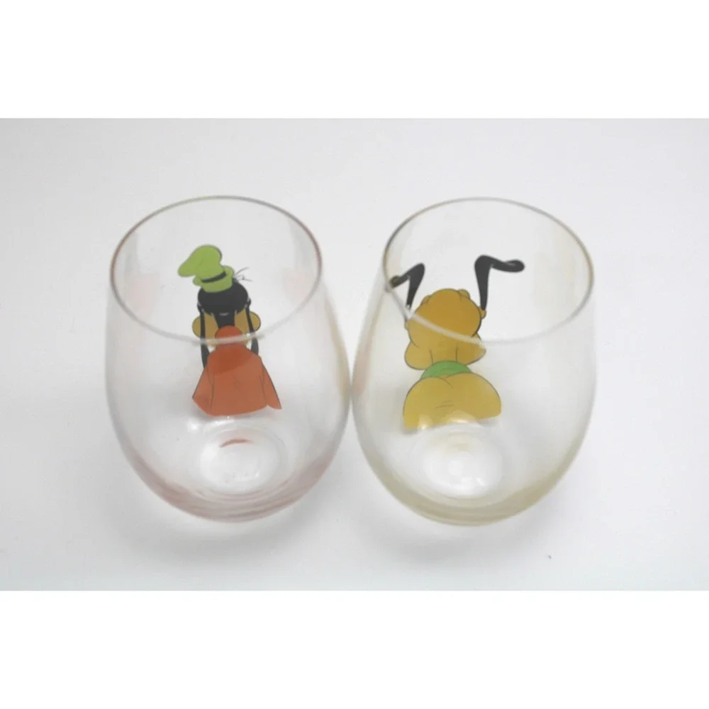 Disney Goofy Pluto Stemless‎ Wine Glass Set 2 Clear Character Barware Tumblers
